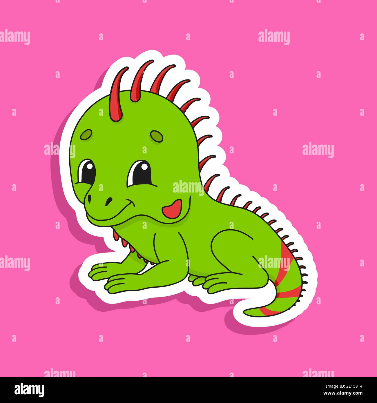 Iguana verde. Adesivo di colore brillante di un simpatico personaggio cartoon. Illustrazione vettoriale piatta isolata su sfondo a colori. Elemento di progettazione. Illustrazione Vettoriale
