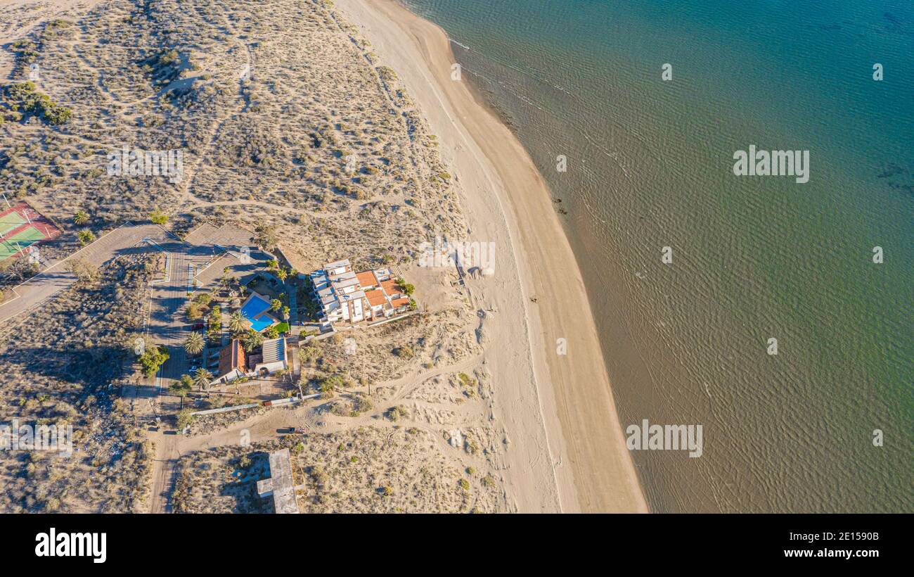 Vista aerea Bahía Kino, sonora, Messico. Mare. destinazione turistica, viaggio, Golfo della California, aereo, vista ad alto angolo, spiaggia, Mare di Cortes, Mar Rosso, Foto Stock