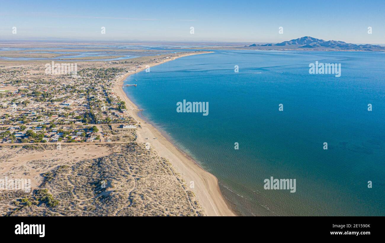 Vista aerea Bahía Kino, sonora, Messico. Mare. destinazione turistica, viaggio, Golfo della California, aereo, vista ad alto angolo, spiaggia, Mare di Cortes, Mar Rosso, Foto Stock