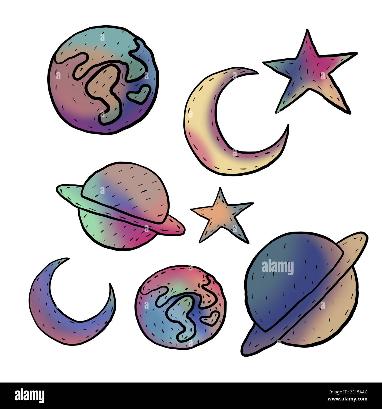 Insieme di oggetti spaziali con gradiente disegnato a mano, pianeti, stelle, luna. Foto di alta qualità Foto Stock