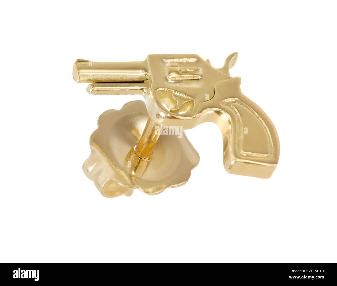 Orecchini a pistola in oro disegnati da Wendy Brandes fotografati uno  sfondo bianco Foto stock - Alamy