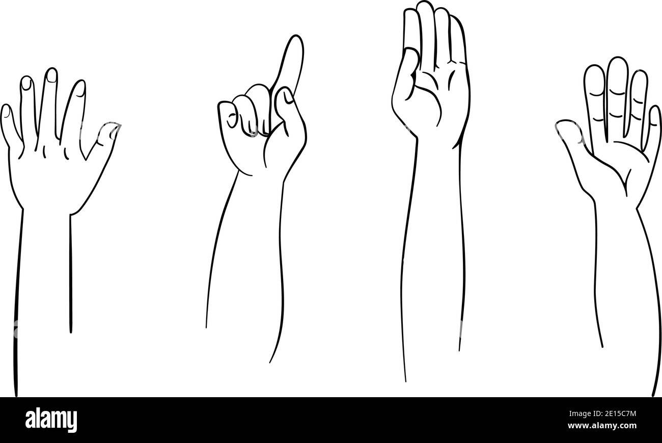 Raccolta di mani rialzate nel disegno vettoriale per la comunità o concetto di istruzione Illustrazione Vettoriale
