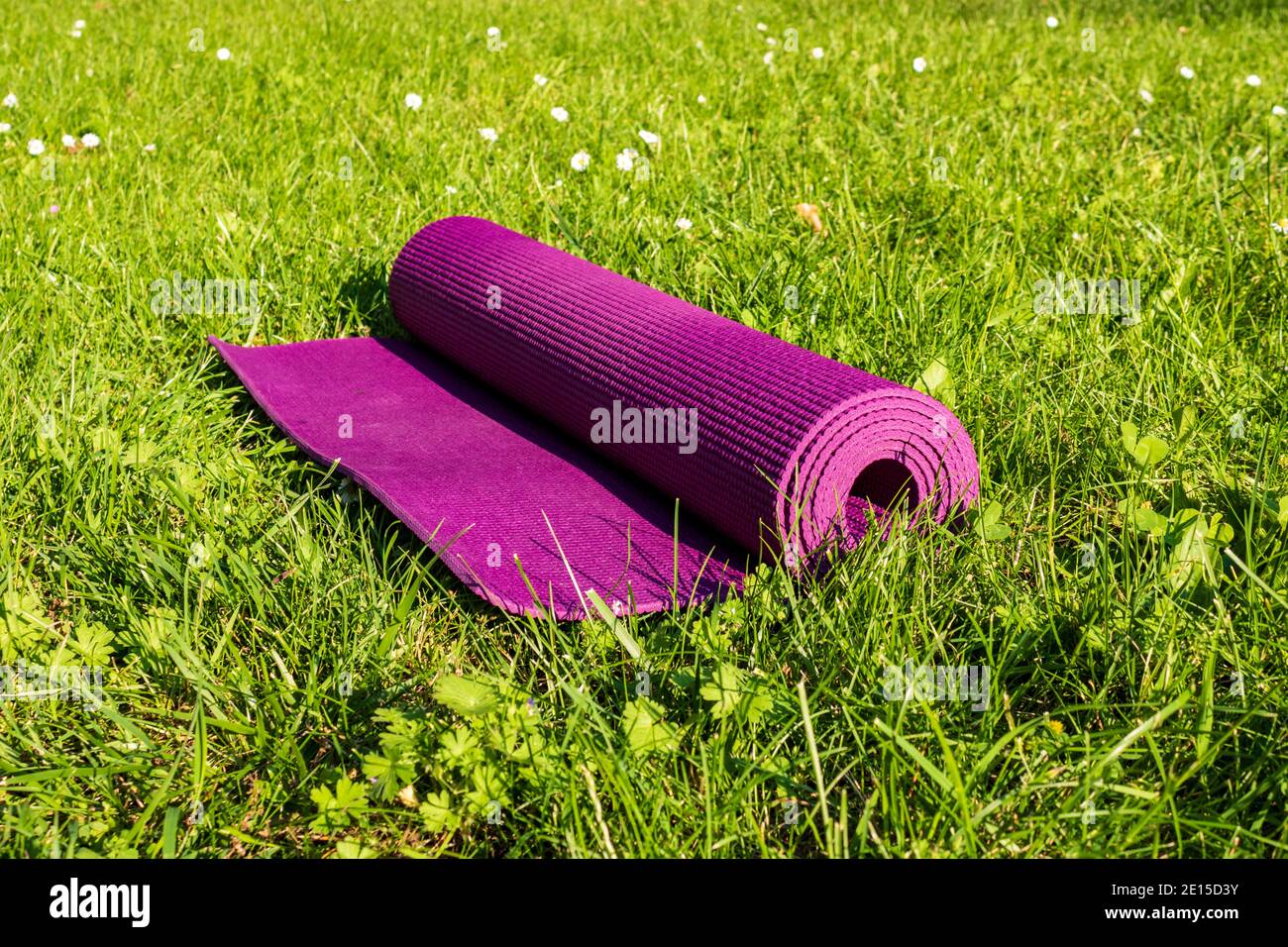 Tappeto da ginnastica arrotolato su erba verde con luce solare. Yoga all'aperto in estate. Foto Stock