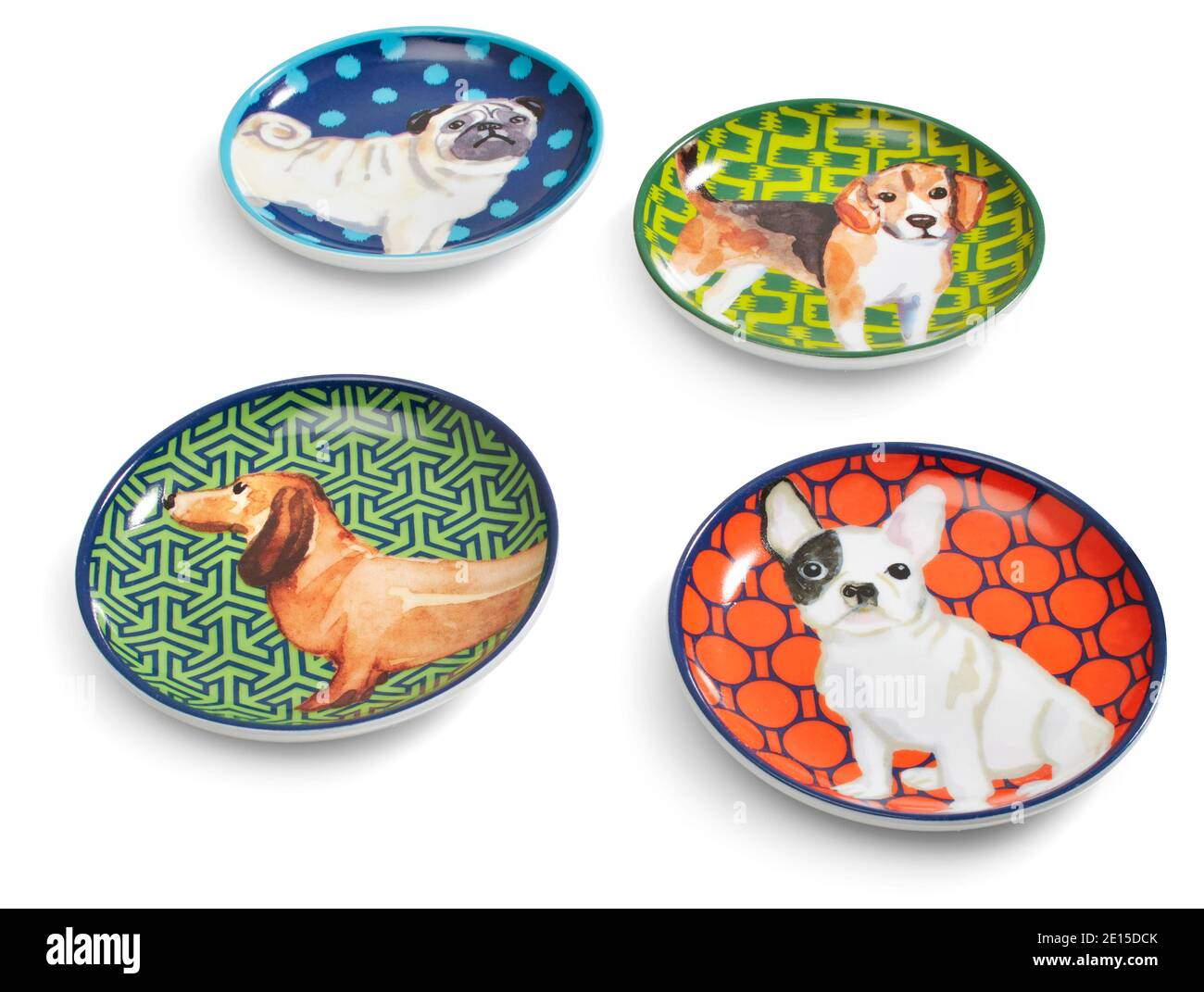 Set di piatti con una varietà di immagini di cane dipinte dalla VACANZA 2014 C.Wonder Look Libro fotografato su uno sfondo bianco. Foto Stock