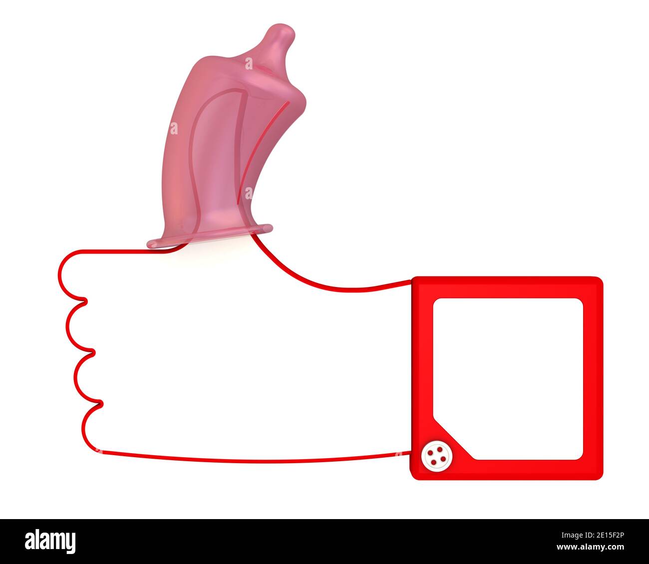 Sicuro come. I gesti consentono e approvazioni con un preservativo sul pollice. Gesto di pollice in su. Isolato. Illustrazione 3D Foto Stock