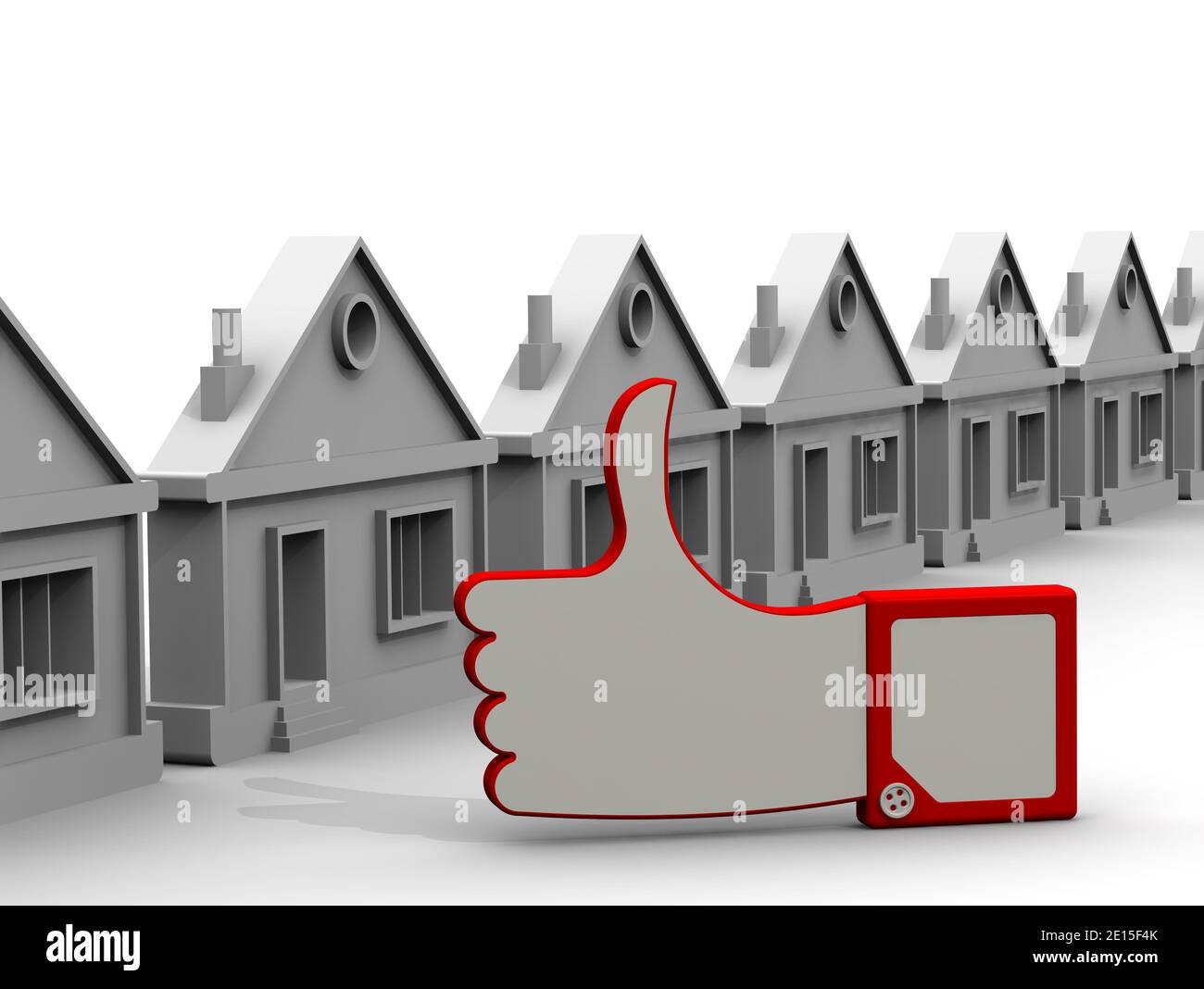 Albergo eccellente. Il gesto dei pollici sullo sfondo di nuove case costruite in una fila. Isolato. Illustrazione 3D Foto Stock