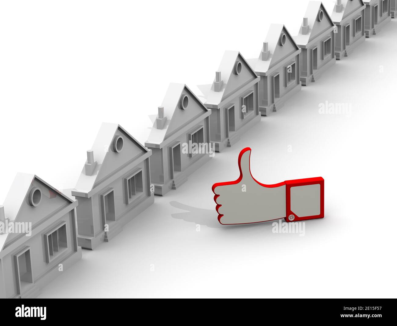 Albergo eccellente. Il gesto dei pollici sullo sfondo di nuove case costruite in una fila. Isolato. Illustrazione 3D Foto Stock