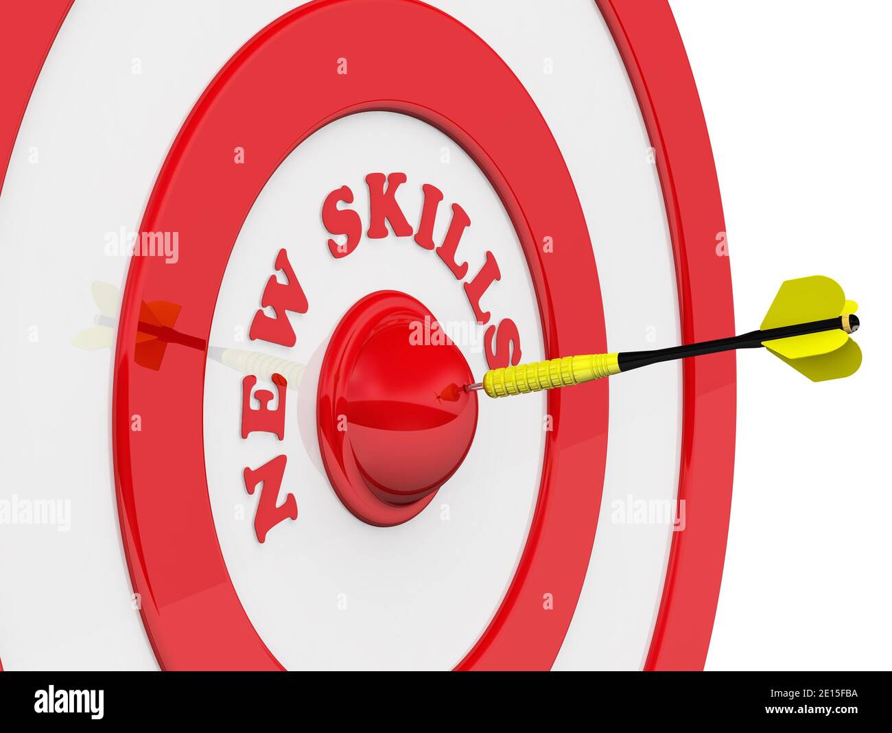 Nuove competenze. DART al centro di destinazione. Bersaglio con la parola NUOVE ABILITÀ e freccette nel centro. Colpisci l'occhio del toro. Il concetto di successo Foto Stock