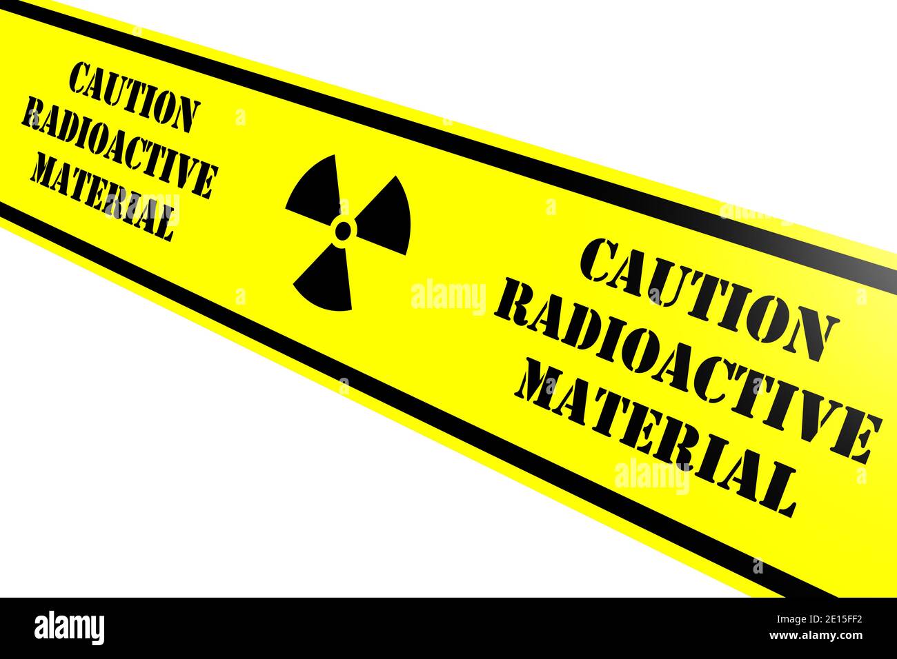 Materiale radioattivo. Nastro di avvertenza giallo con testo nero attenzione. MATERIALE RADIOATTIVO. Isolato. Illustrazione 3D Foto Stock