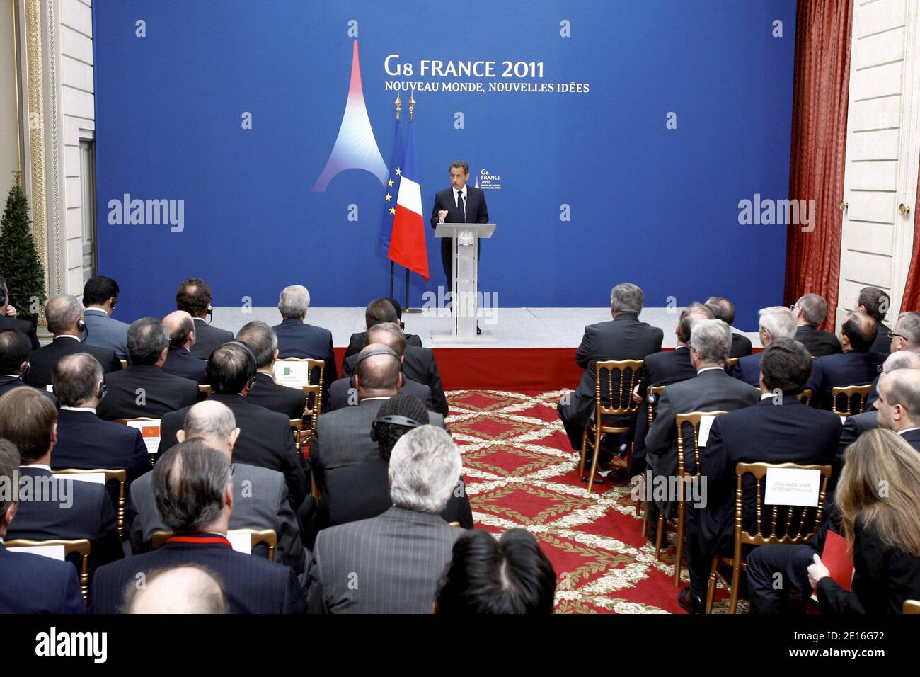 Il presidente francese Nicolas Sarkozy ha pronunciato un discorso durante una riunione dei ministri degli interni e della Giustizia del G8, incentrata sulla lotta contro il traffico transatlantico di cocaina, tenutasi il 9 maggio 20011 presso l'Elysee Palace di Parigi. Foto di Ludovic/piscina/ABACAPRESS.COM Foto Stock