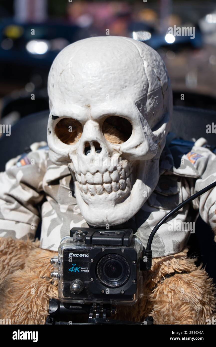 Teschio spaventoso con macchina fotografica al classico show americano Stars & Stripes, Foto Stock