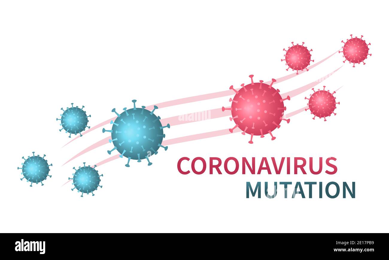 Mutazione del coronavirus 2021 segno. Evoluzione Сovid 19. Nuova forma di cellule virus 20A.EU1. Cambiamento della fonte della malattia virale della polmonite umana. Vettore piatto Illustrazione Vettoriale