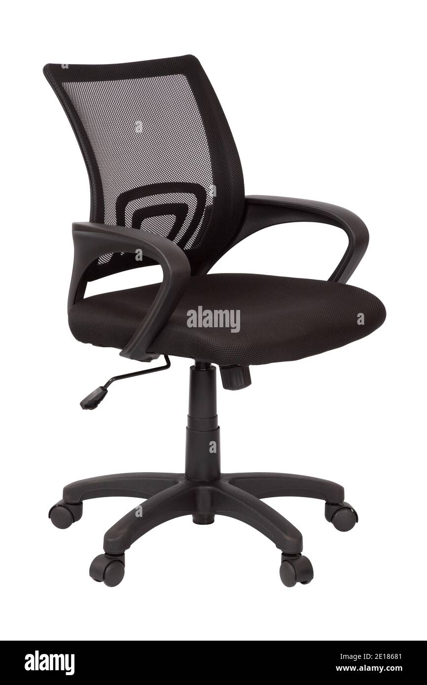Sedia da ufficio isolata su sfondo bianco. Profondità di campo completa con tracciato di ritaglio. Foto Stock