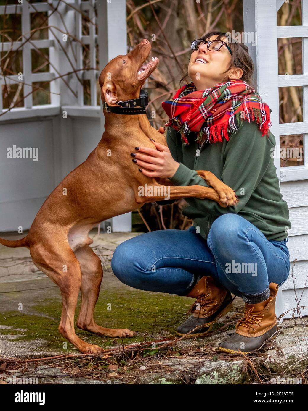 Giovane donna che gioca con il suo cane Foto Stock