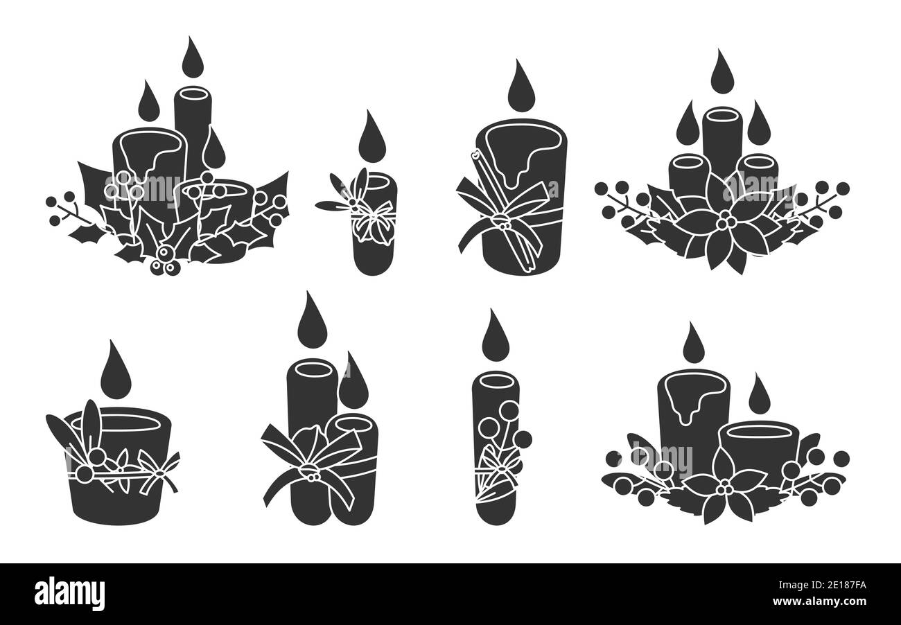 Set di candele di Natale glifo con poinsettia, cono, mistletoe. Candela festiva con frutti di bosco, foglie. Fuoco tradizionale, simbolo di festa di Capodanno. Elementi decorativi. Isolato su illustrazione vettoriale bianca Illustrazione Vettoriale