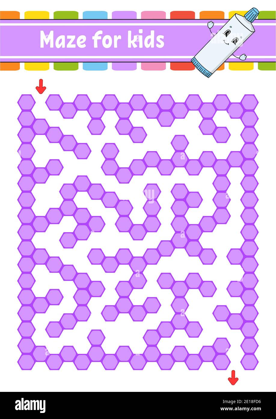 Labirinto di colori rettangolare. Gioco per bambini. Labirinto divertente. Foglio di lavoro per lo sviluppo dell'istruzione. Pagina attività. Puzzle per bambini. Personaggio cartoon. Logico Illustrazione Vettoriale