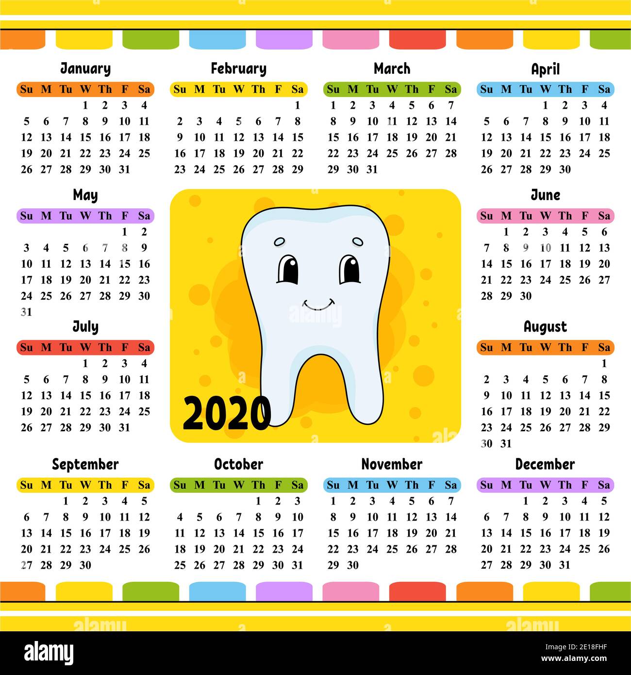 Un dente sano senza carie sorride. Calendario per il 2020 con un carattere carino. Design divertente e luminoso. Illustrazione vettoriale a colori isolata. Cartone animato Illustrazione Vettoriale