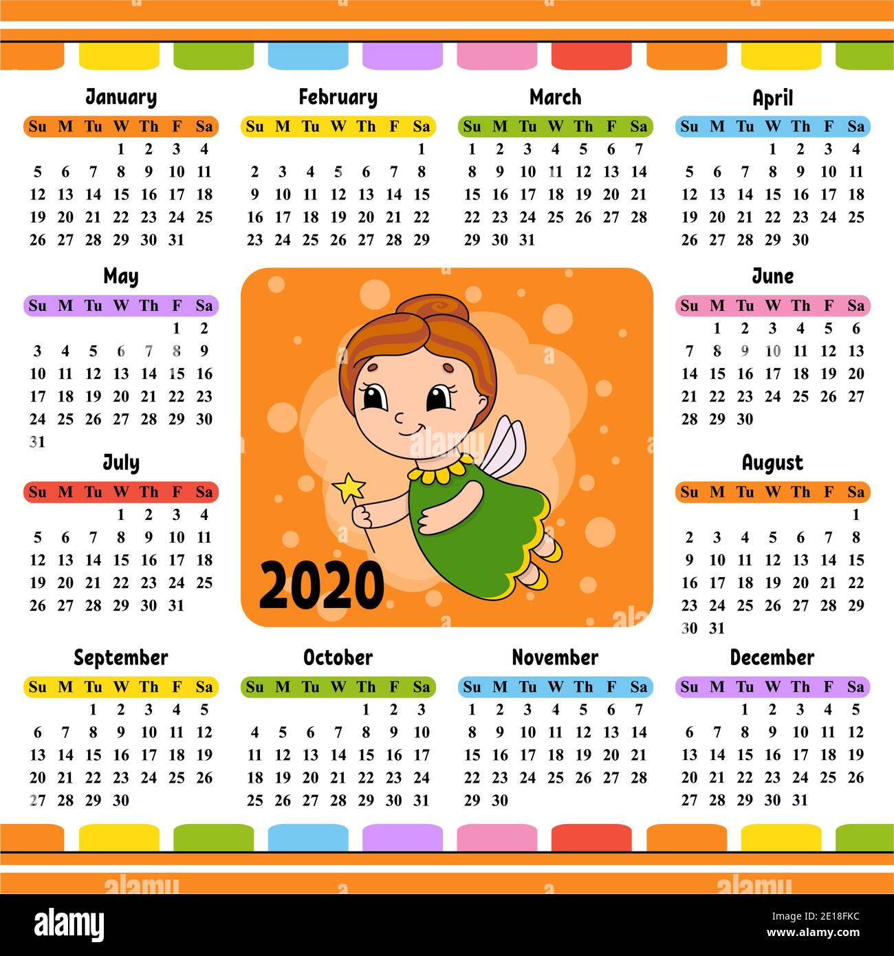 Fata dei denti anziani in un abito con le ali e una bacchetta magica. Calendario per il 2020 con un carattere carino. Design divertente e luminoso. Vettore di colore isolato illu Illustrazione Vettoriale