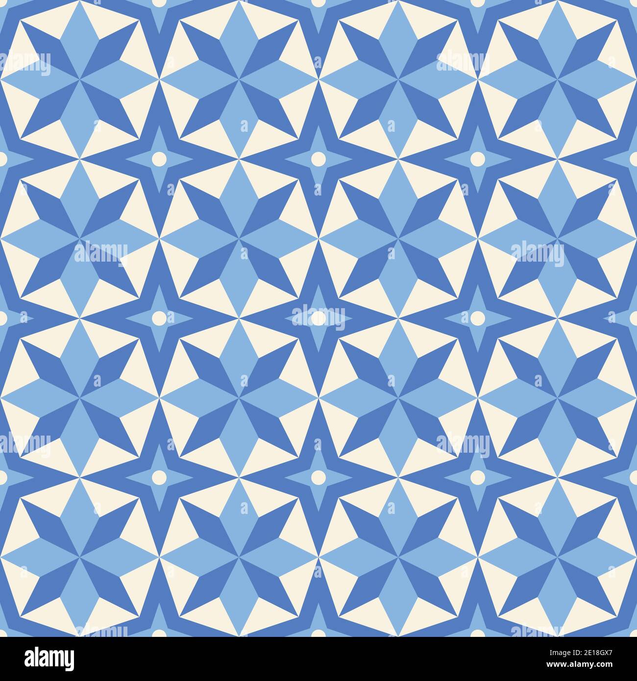 Motivo trapuntato blu patchwork in blu e crema, sfondo geometrico vettoriale con forme a stella. Illustrazione Vettoriale