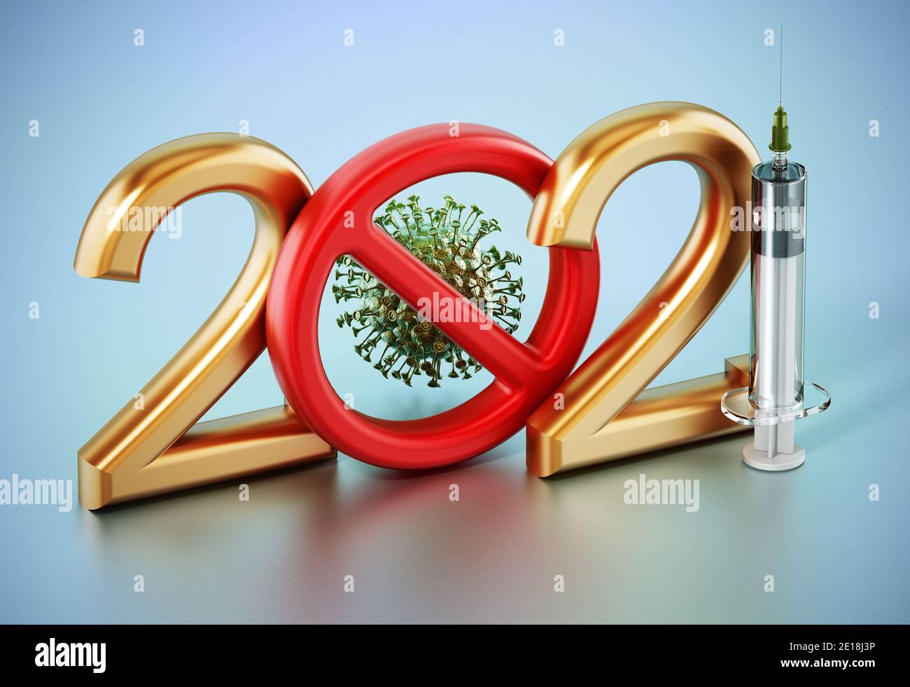 2021 testo con virus all'interno del segno rosso vietato e siringa. Illustrazione 3D. Foto Stock