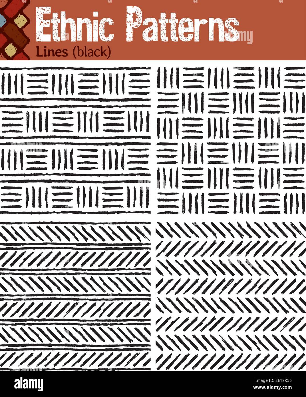 4 motivi senza giunture per Illustrator in stile tribale, realizzati con disegni disegnati a mano. Illustrazione Vettoriale