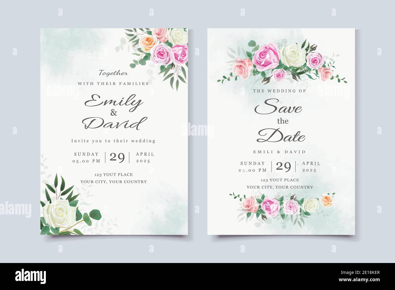 Set di carte con rosa fiore, foglie. Set di nozze con rosa fiore, foglie e sfondo acquerello Illustrazione Vettoriale