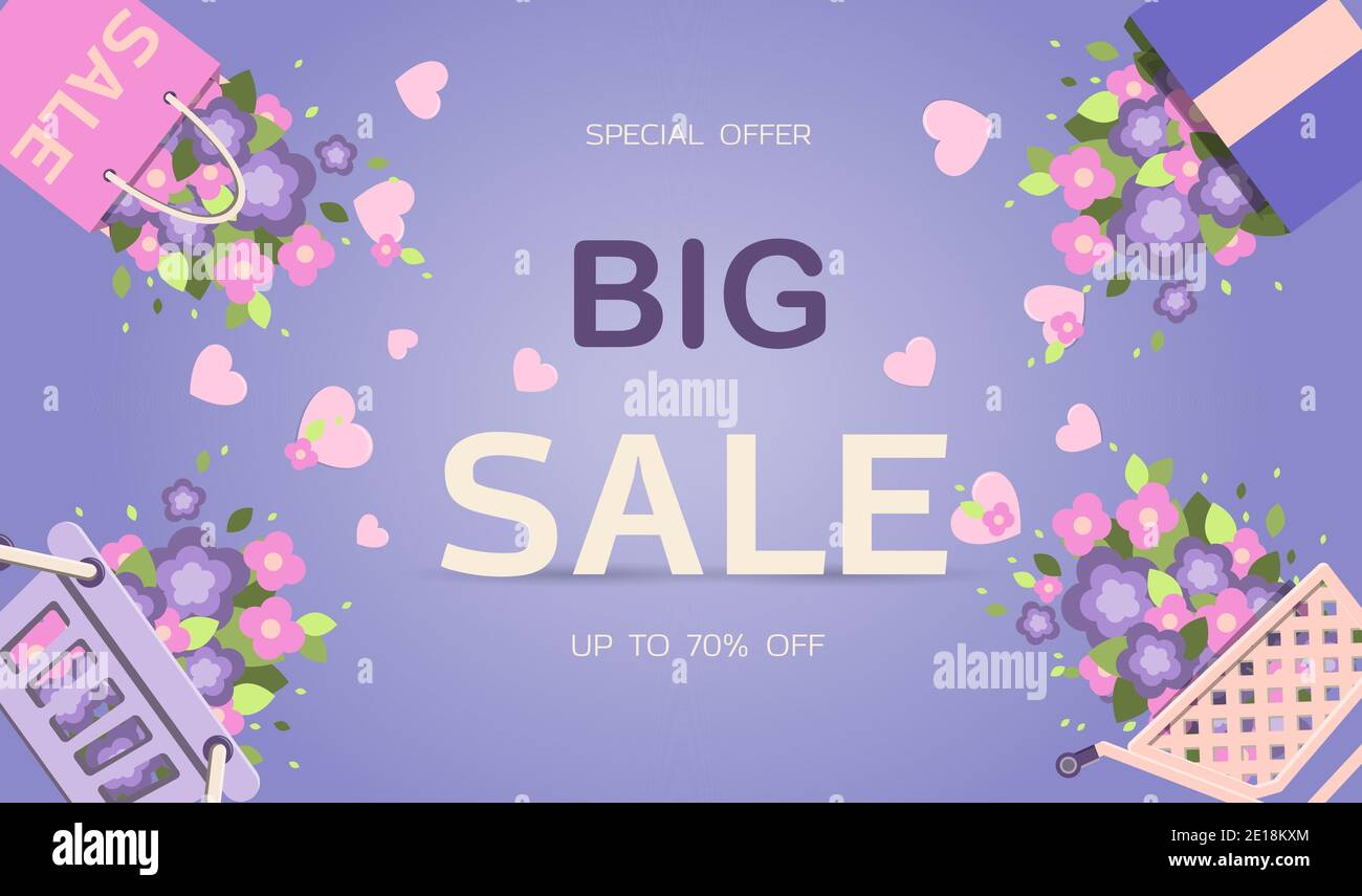 Grande offerta primaverile. Banner per sconti per Pasqua, 8 marzo o Festa della mamma. Simpatico vettore illustrazione con regali, fiori e lettere. Design piatto in tonalità viola e rosa carino per la pubblicità, banner, sito web o volantino. Illustrazione Vettoriale