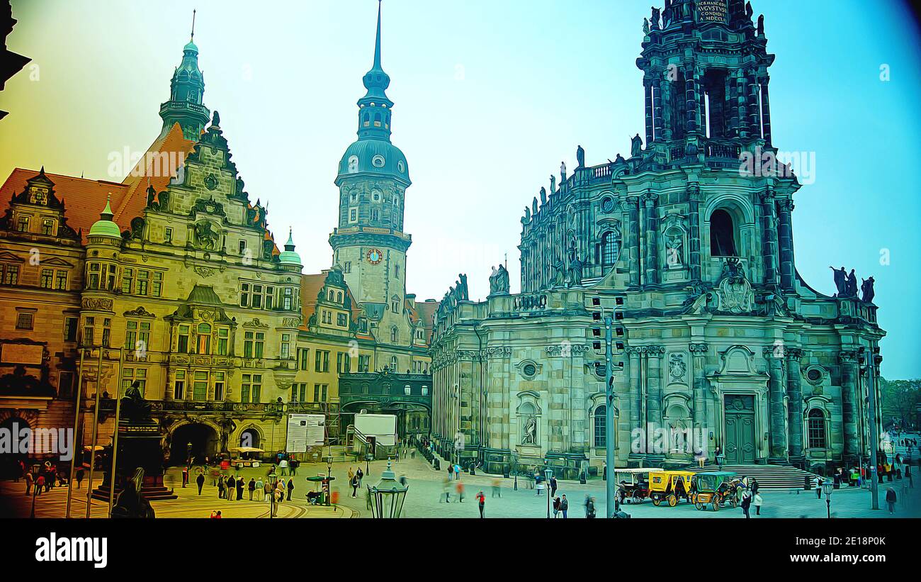 Cattedrale della Santissima Trinità di Dresda con effetti digitali sul petrolio Tecnica di illustrazione ,GERMANIA Foto Stock