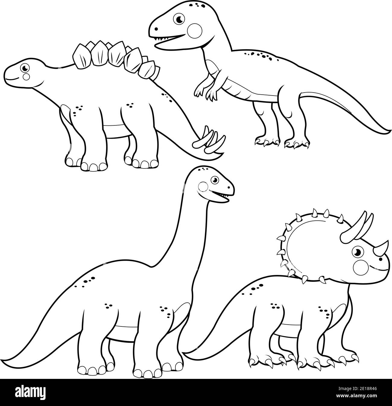 Collezione di illustrazioni dei dinosauri. Pagina vettoriale in bianco e nero Illustrazione Vettoriale