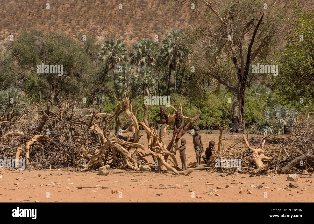 Bambini Himba in una recinzione di legno in un villaggio sul fiume Kunene, Namibia Foto Stock