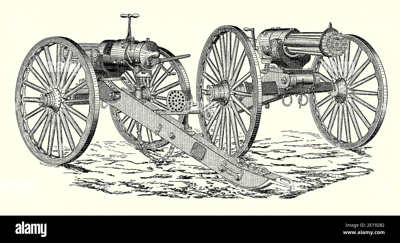 Una vecchia incisione della mitragliatrice di Taylor. E 'da un libro di ingegneria meccanica vittoriana del 1880. Questa arma di artiglieria a fuoco rapido ruotava come una pistola Gatling. Le cartucce erano contenute in ‘blocchi di carica’, uno dei quali è mostrato su un ripiano (al centro). Una volta caricato automaticamente da un magazzino, il blocco è stato inserito nella pistola. Quando tutti i giri di cartuccia sono stati sparati, i contenitori vuoti rimasti nel blocco potrebbero essere ritirati con esso. George Taylor possedeva il Durham Iron Mill and Furnace situato a Durham Township, Bucks County, Pennsylvania, Stati Uniti. Foto Stock