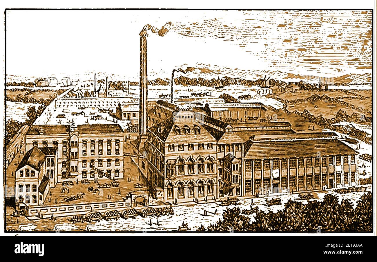 Una vista del tardo 1800 della fabbrica di birra di John Smith, Tadcaster, Inghilterra su una pubblicità del tempo. Oggi, John Smith's è l'amaro più venduto nel Regno Unito. John Smith acquistò la fabbrica di birra Backhouse & Hartley nel 1852 Foto Stock