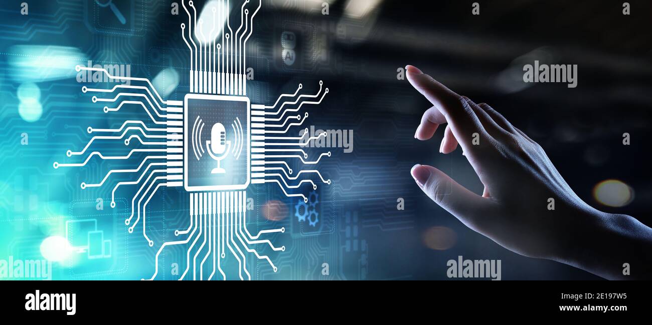 Il riconoscimento vocale di ricerca e controllo il simbolo del microfono su schermo virtuale Foto Stock