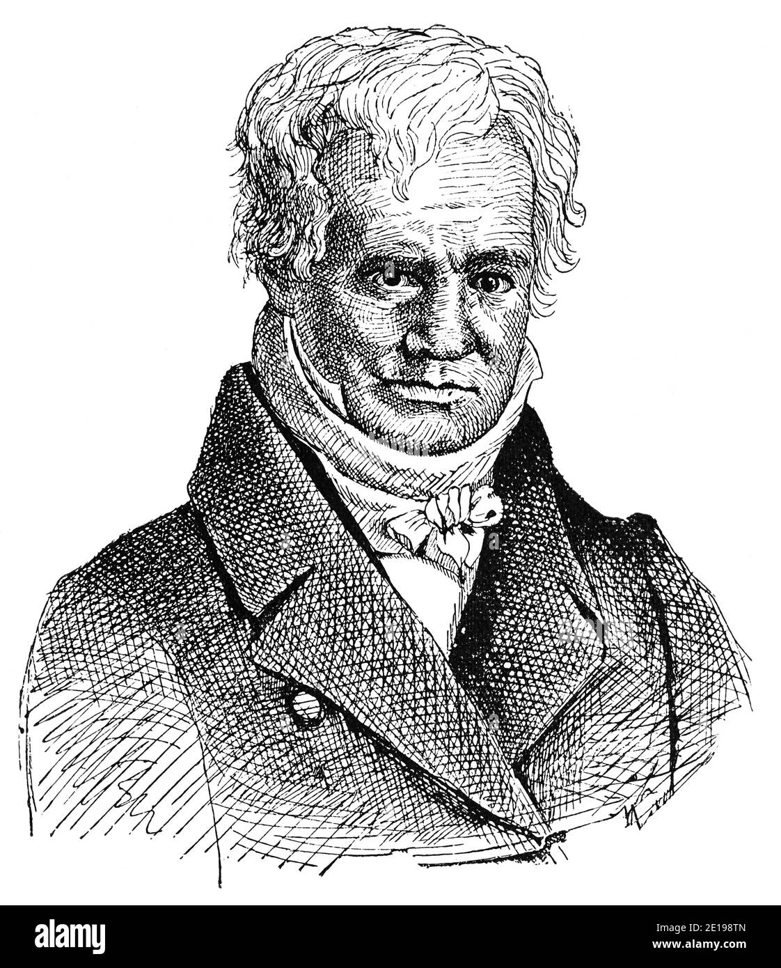 Ritratto di Alexander von Humboldt - un polymath tedesco, geografo, naturalista, esploratore e sostenitore della filosofia e della scienza romantiche. Illustrazione del 19 ° secolo. Sfondo bianco. Foto Stock