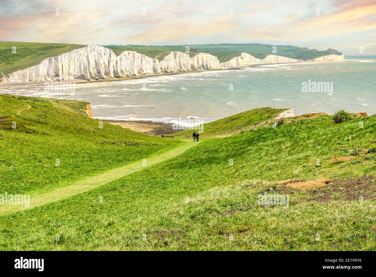 Formazione di sette Sorelle Cliff al crepuscolo Eastbourne, East Sussex, Inghilterra Foto Stock