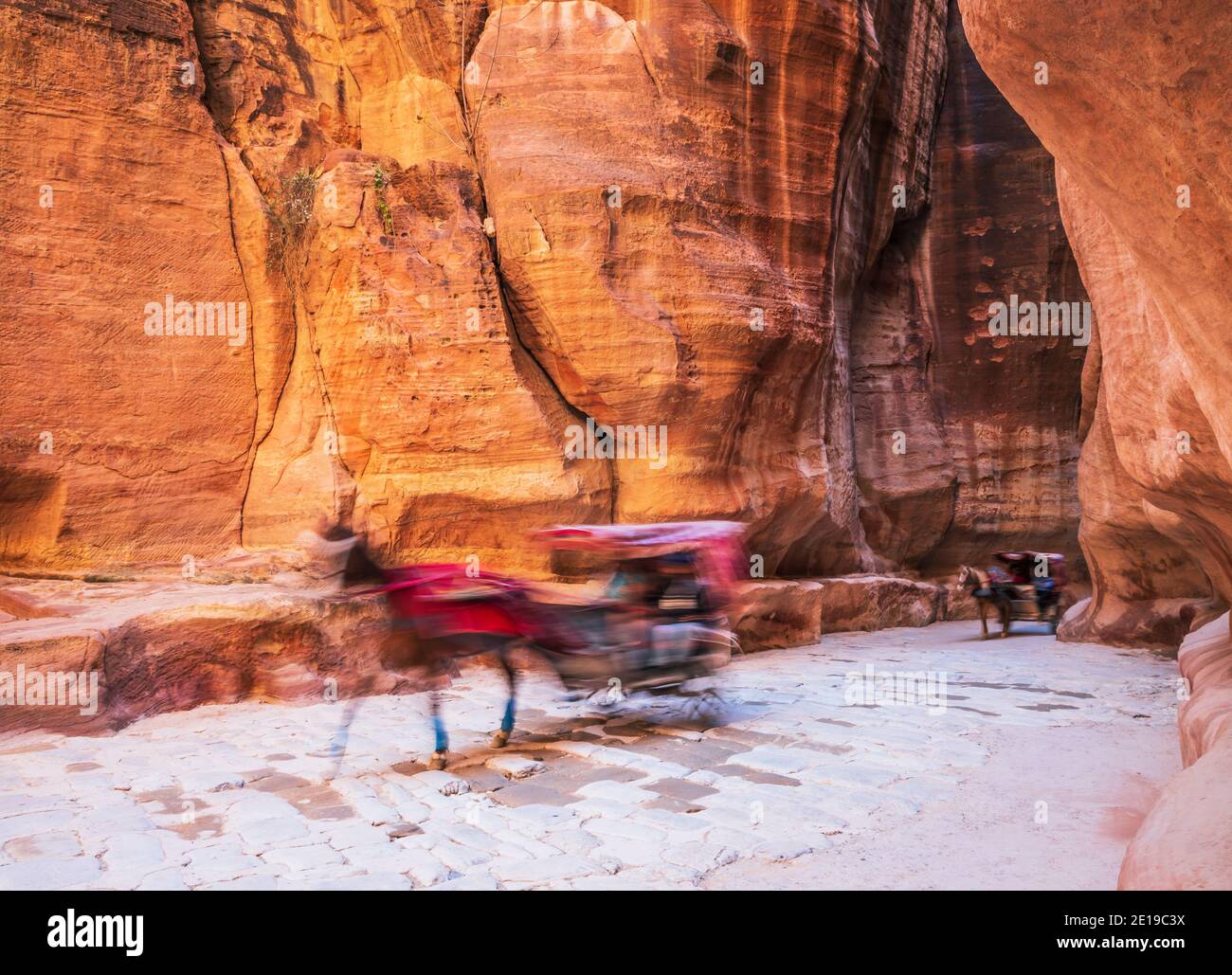 Petra, Giordania. Carrozza trainata da cavalli utilizzata per trasportare i turisti al Tesoro attraverso il canyon del Siq. Foto Stock