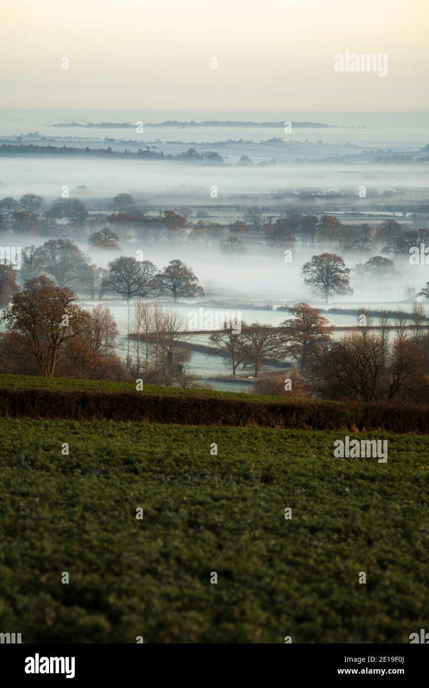 Paesaggio di campagna misty con strati di nebbia in una valle con colline, campi verdi e terreni agricoli con una splendida vista del paesaggio tipico inglese, il Cotswolds, Inghilterra, Regno Unito Foto Stock