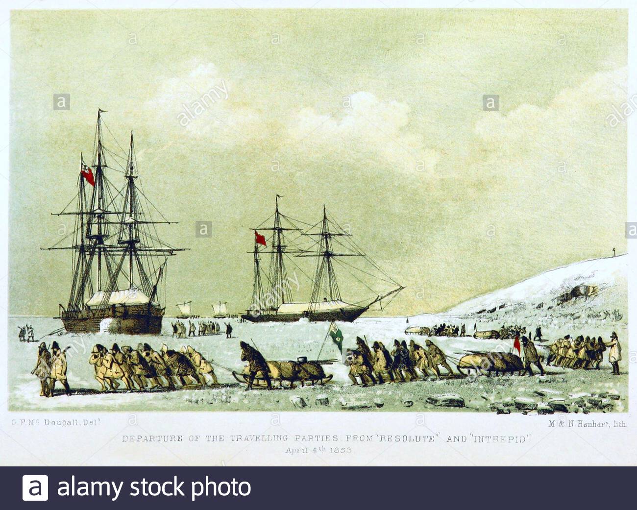 Nella ricerca di ufficiale della Royal Navy britannica e Arctic explorer, Capitano Sir John Franklin, partenza delle parti in viaggio da HMS Resolute e HMS Intrepid, illustrazione d'epoca dal 1857 Foto Stock