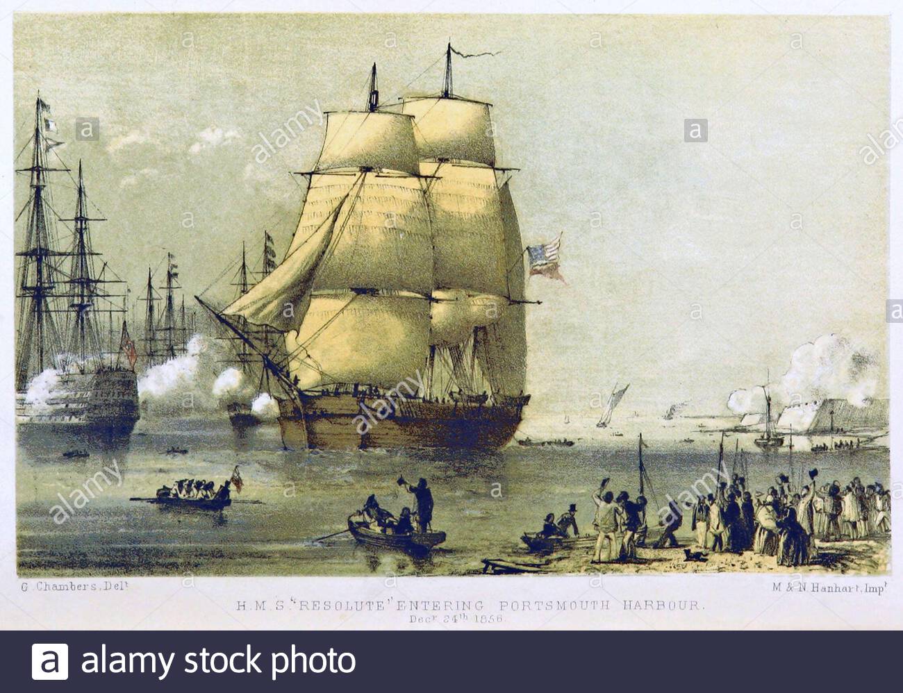 HMS Resolute entrando nel porto di Portsmouth, illustrazione d'epoca del 1857 Foto Stock