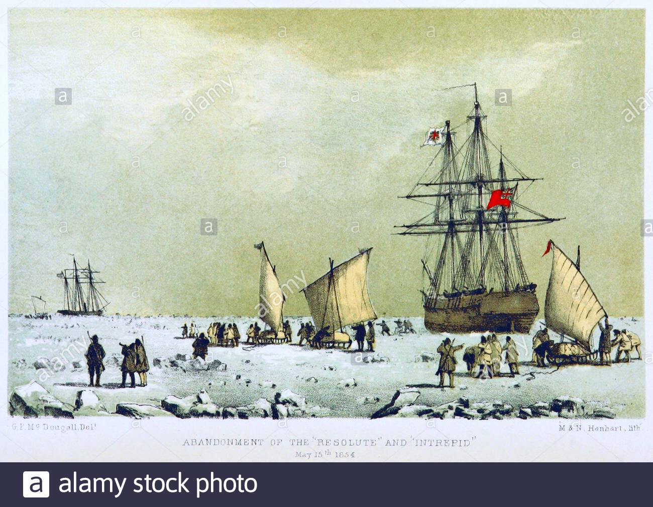 Nella ricerca di ufficiale della Royal Navy britannica e Arctic explorer, capitano Sir John Franklin, abbandono di HMS Resolute e HMS Intrepid, illustrazione d'epoca dal 1857 Foto Stock