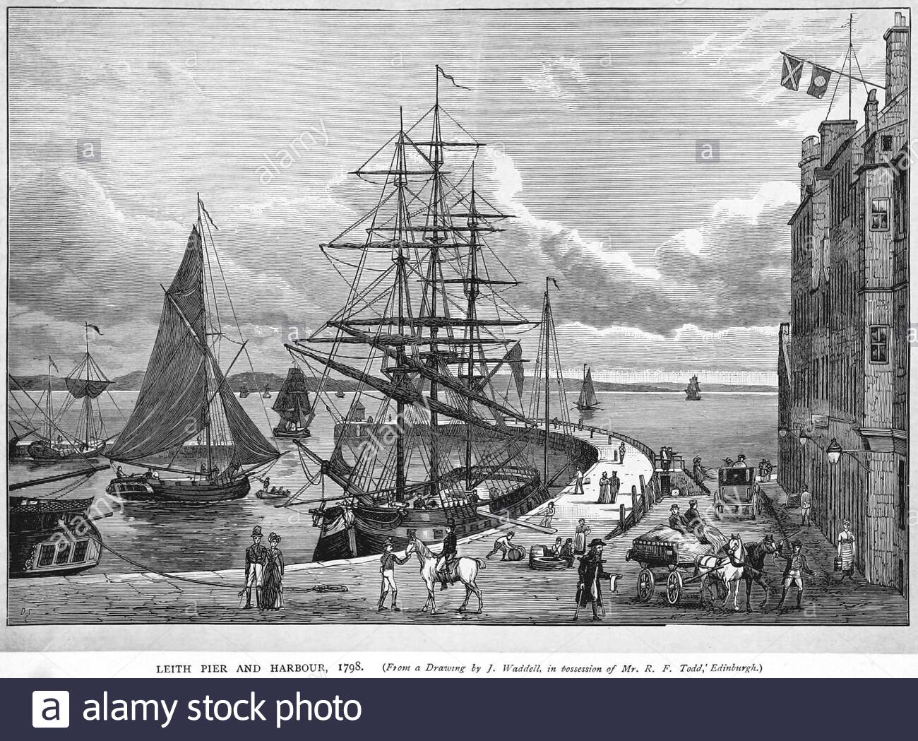 Molo e porto di Leith, Edimburgo, illustrazione d'epoca del 1880 da un disegno originale del 1798 Foto Stock