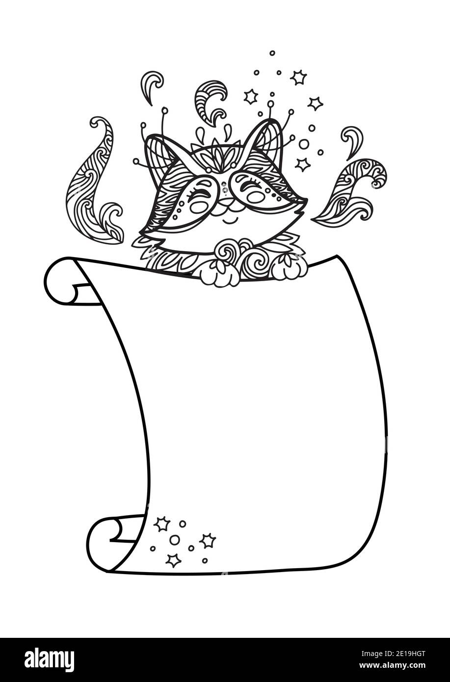 Gatto carino con modello di scroll. Illustrazione kawaii vettoriale monocromatica con animale in stile groviglio e modello vuoto in carta bianca. Per la stampa, desig Illustrazione Vettoriale