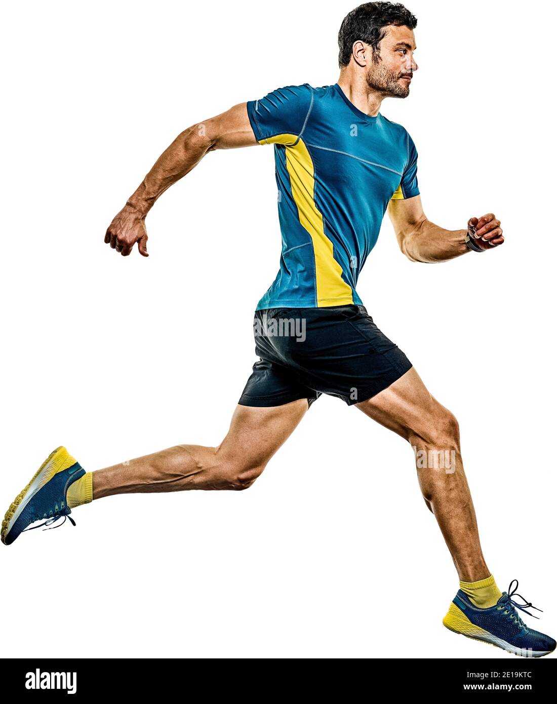 Un caucasian bello uomo maturo in esecuzione runner pareggiatore jogging isolati su sfondo bianco Foto Stock