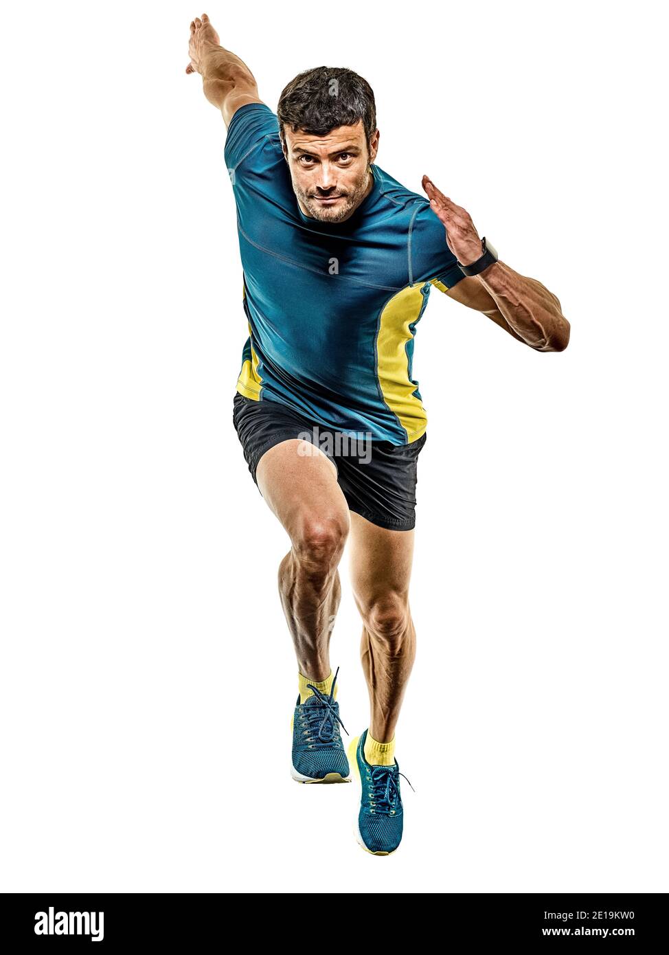 Un caucasian bello uomo maturo in esecuzione runner pareggiatore jogging isolati su sfondo bianco Foto Stock