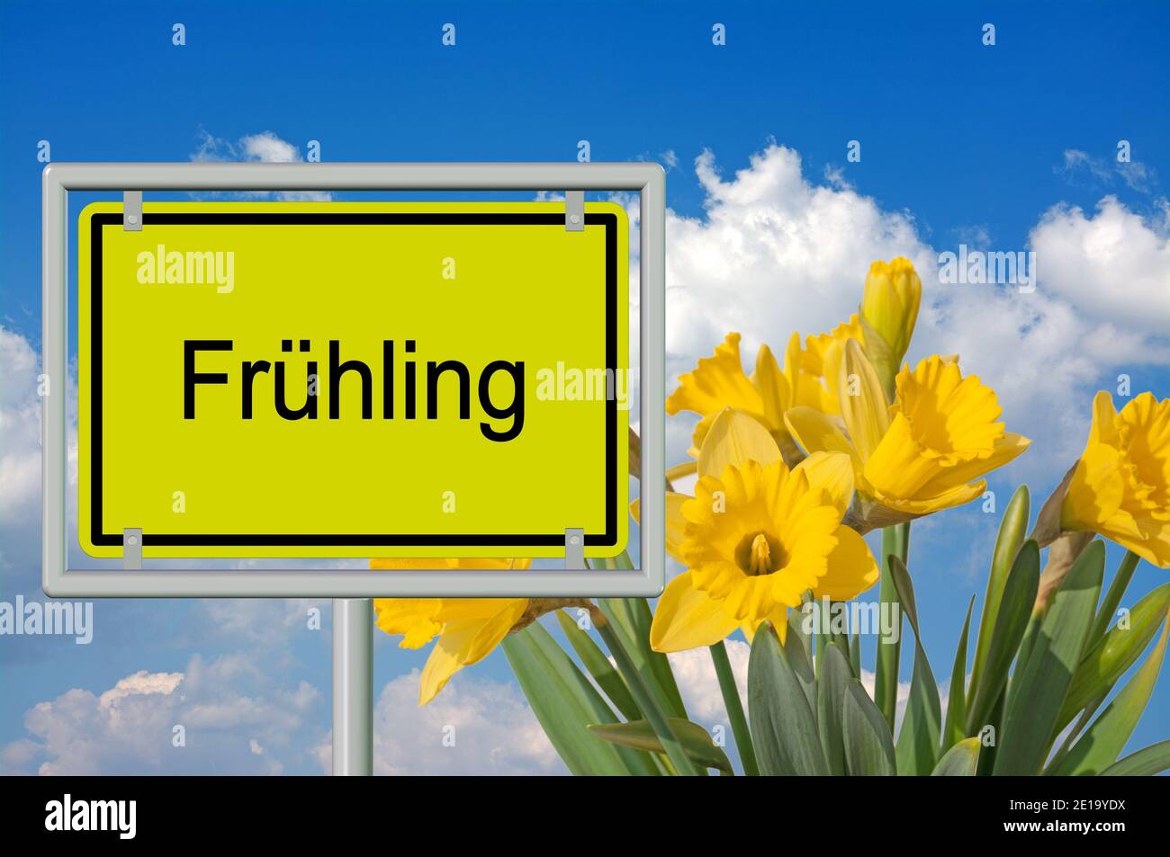 Segnale stradale, ' Frühling', traduzione ' Primavera', illustrazione 3d Foto Stock