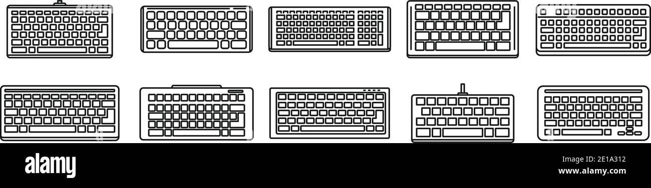 Set di icone della tastiera di lavoro, stile contorno Illustrazione Vettoriale