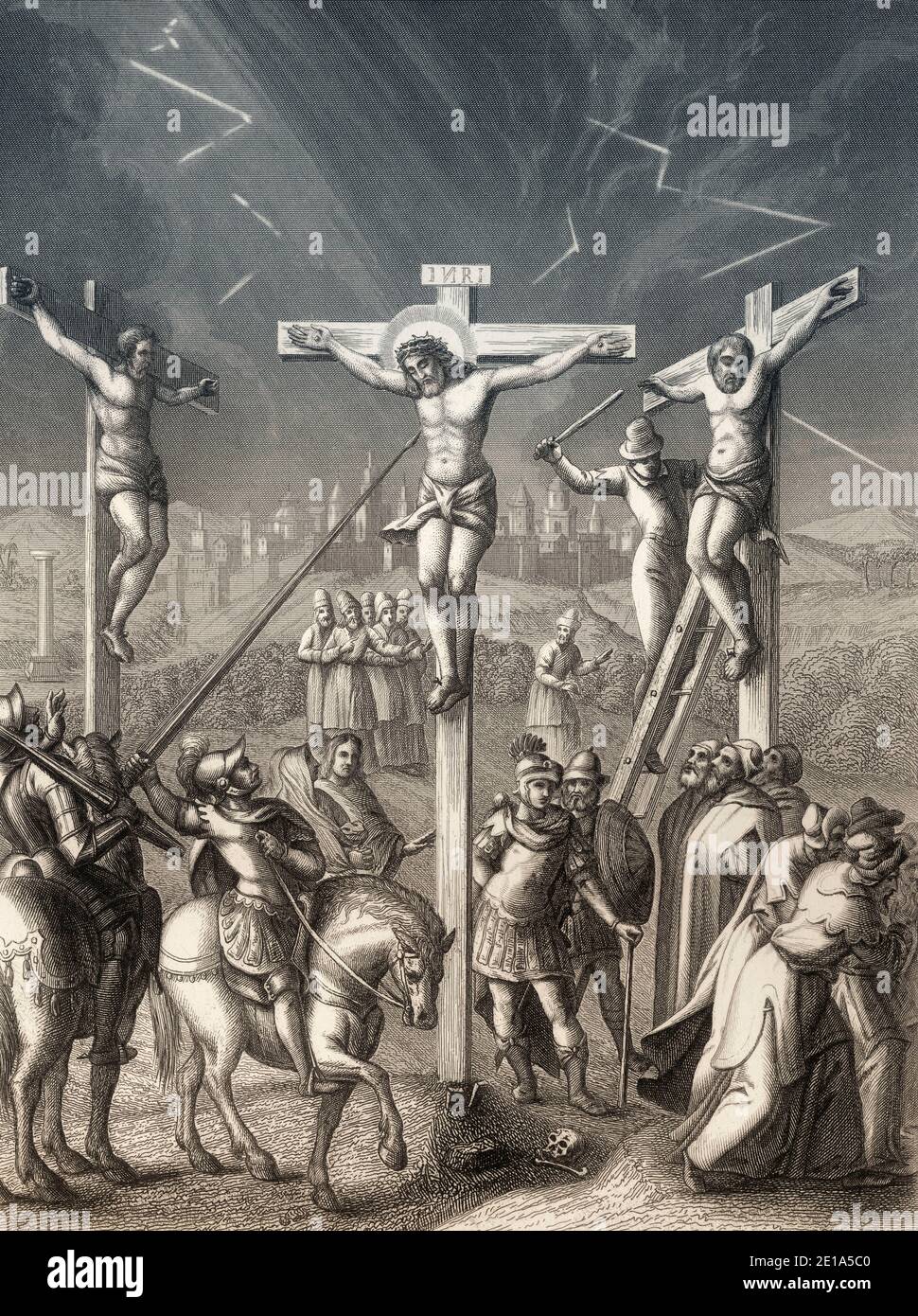 Crocifissione di Gesù, Monte Calvario, Gerusalemme, nuovo Testamento, incisione in acciaio 1853, restaurata digitalmente Foto Stock
