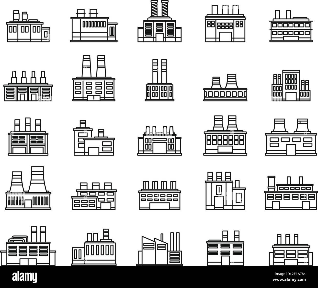 Set di icone di fabbrica per il riciclo dell'energia, stile del contorno Illustrazione Vettoriale