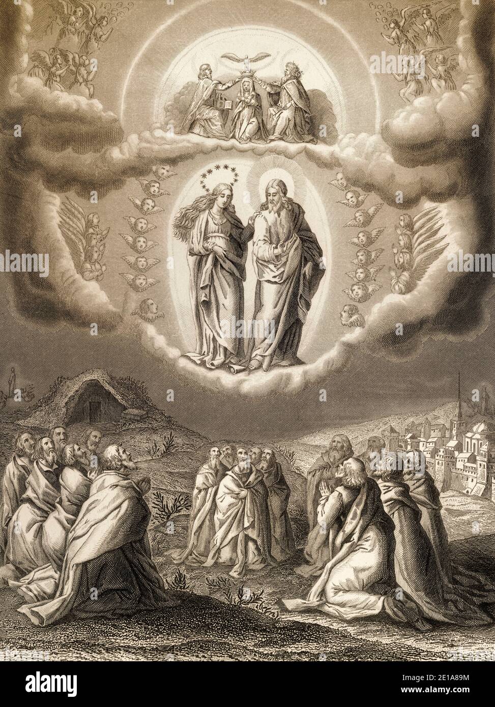 L'Assunzione di Maria nel cielo, incisione in acciaio 1853, restaurata digitalmente Foto Stock