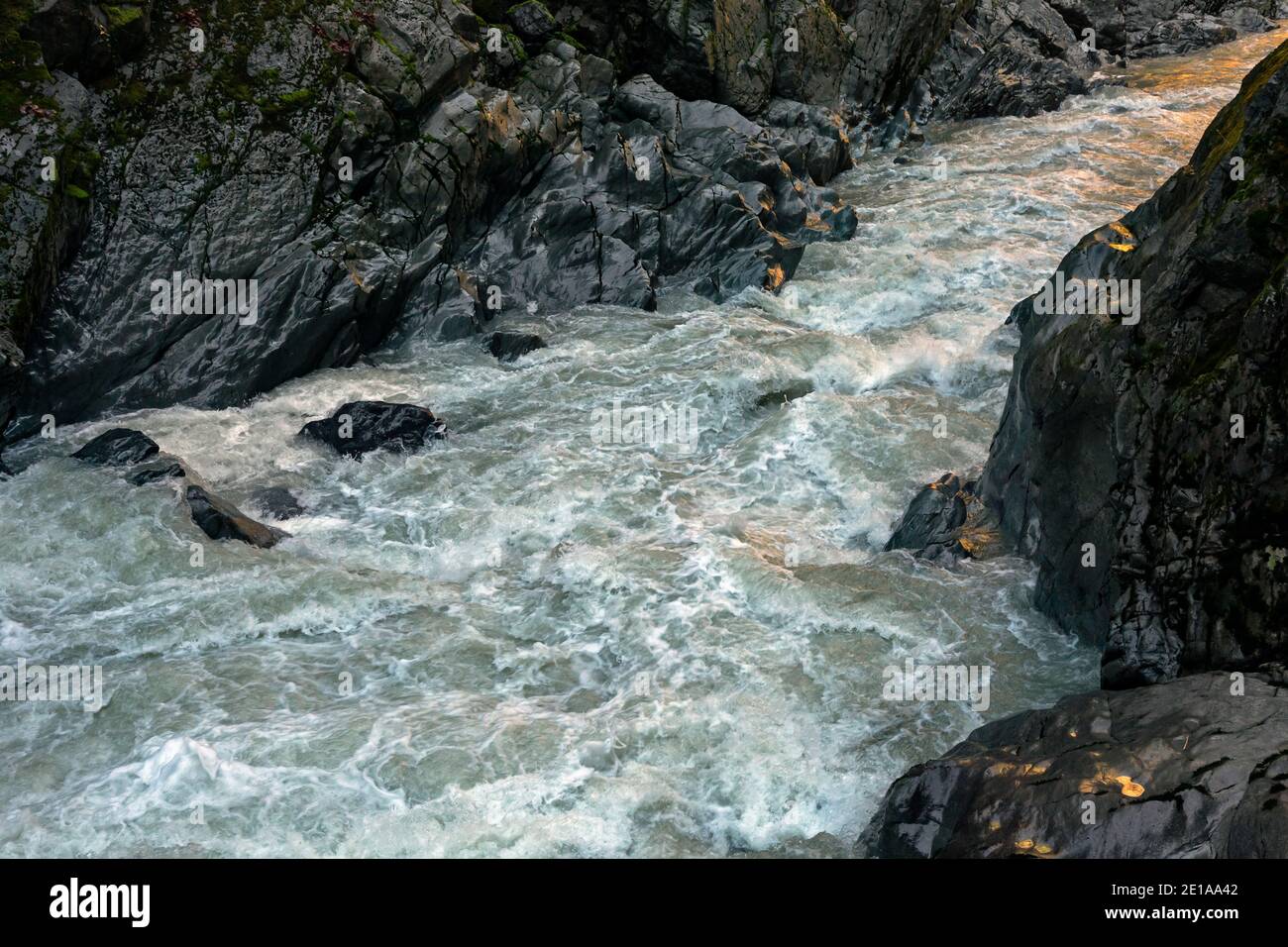 WA19013-00...WASHINGTON - il fiume Stillaguamish si dirige in una stretta gola dove una ferrovia correva sul vecchio sentiero di Robe. Foto Stock